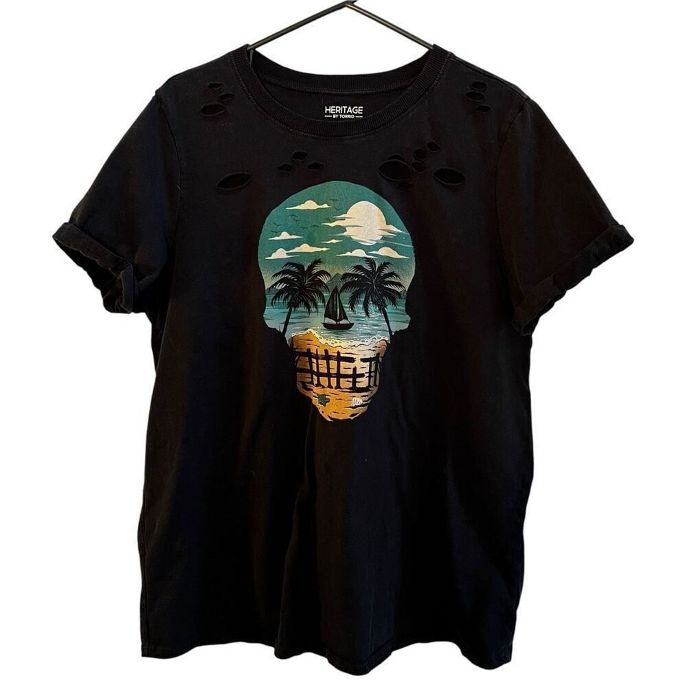 Torrid Womens Large Skull Beach Heritage Jersey Tunic Top Black Destroyed